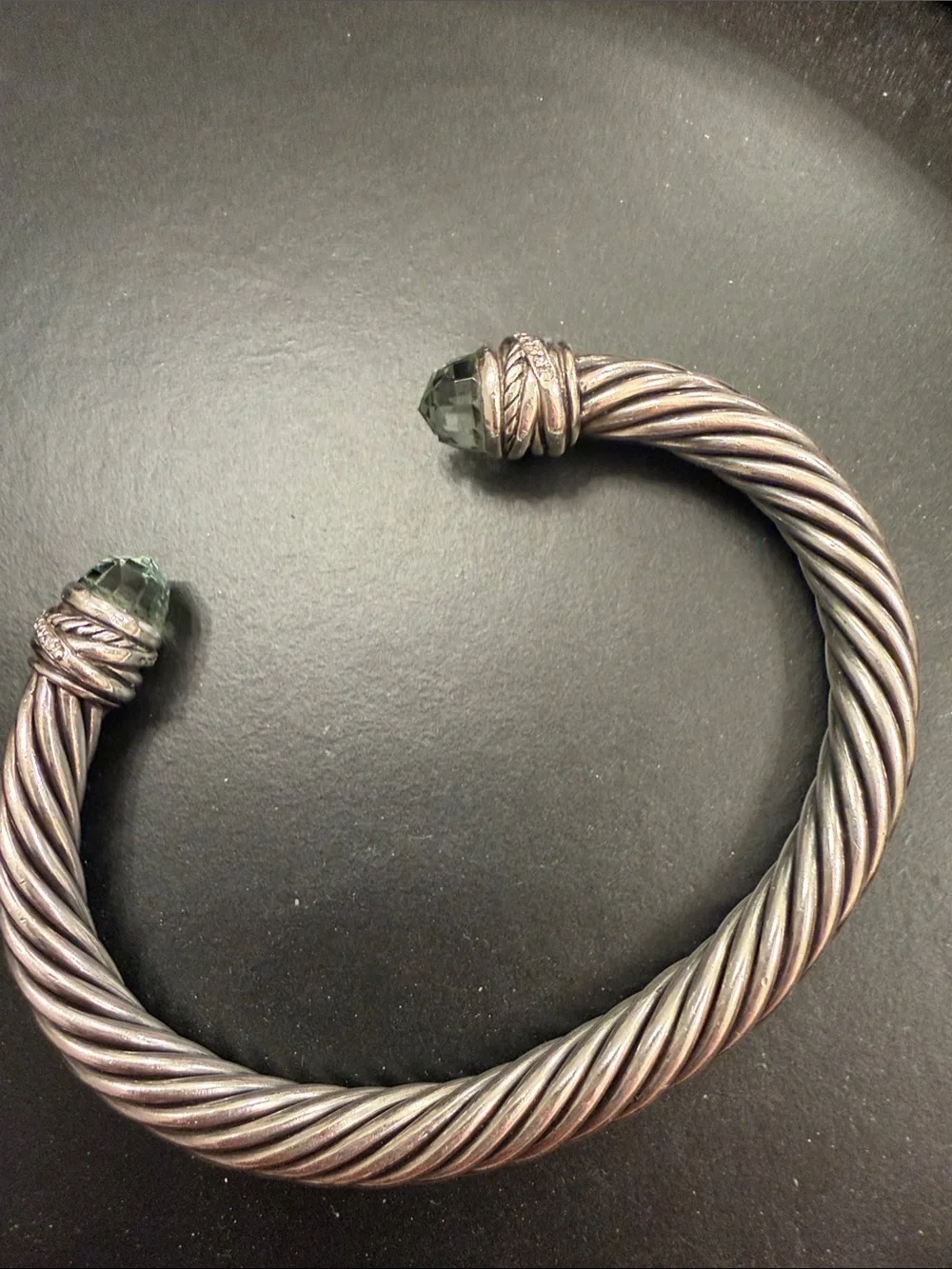 David Yurman Sterling Silver Open Bangle with Light Green Gemstone